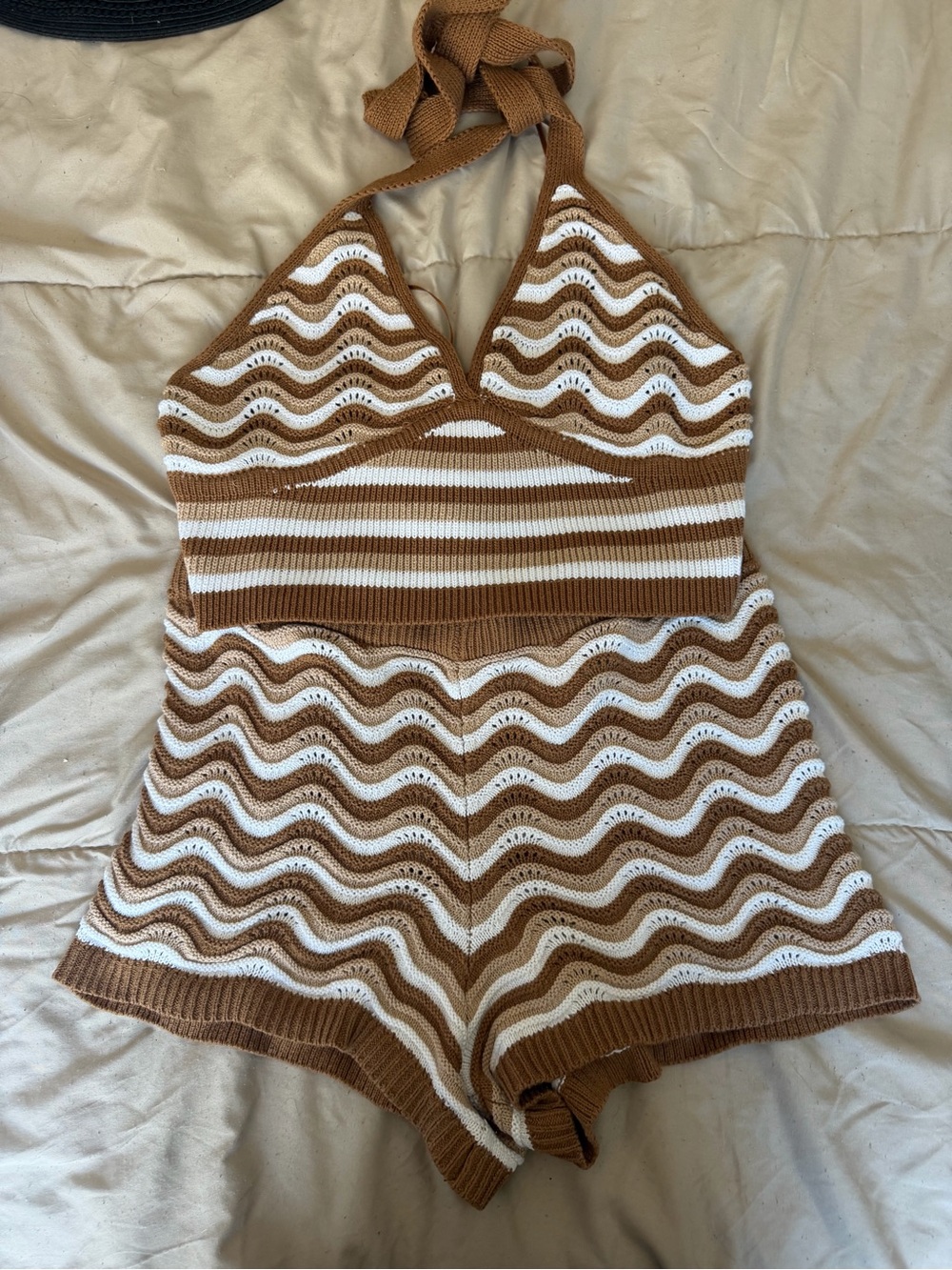 Kids Halter One-Piece Knit Romper in Brown and White